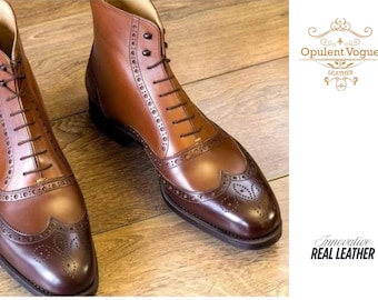 Handgemaakte bruine brogue-enkellaarzen voor heren | Handgepolijste leren laarzen | Klassieke formele schoenen met veters