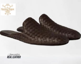 Handgefertigte Braune Leder Chittai Pantoletten für Männer | Geflochtene Leder Slip-On Schuhe | Luxus marokkanischen Stil Hausschuhe | Premium Indoor Outdoor Schuhe