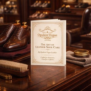 Puede incluir: Una exhibición de productos para el cuidado del calzado de cuero. La imagen presenta un par de zapatos de vestir de cuero marrón, un cepillo para zapatos, un tarro de betún y un folleto con el texto "Opulent Vogue Leather: The Art of Leather Shoe Care."