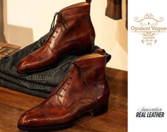 Handmade Men's Tan Leather Lace Up Boots | High Ankle Dress Boots