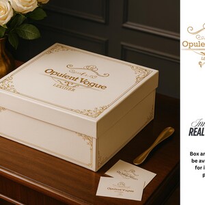 Puede incluir: Una caja color crema con detalles dorados y el texto "Opulent Vogue Leather". Una cuchara dorada y dos tarjetas est&aacute;n al lado de la caja. Tambi&eacute;n son visibles las palabras "Innovative Real Leather".