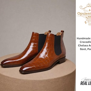 Handmade Crocodile-Embossed Leather Chelsea Boots: Men&#39;s Ankle Dress Boots