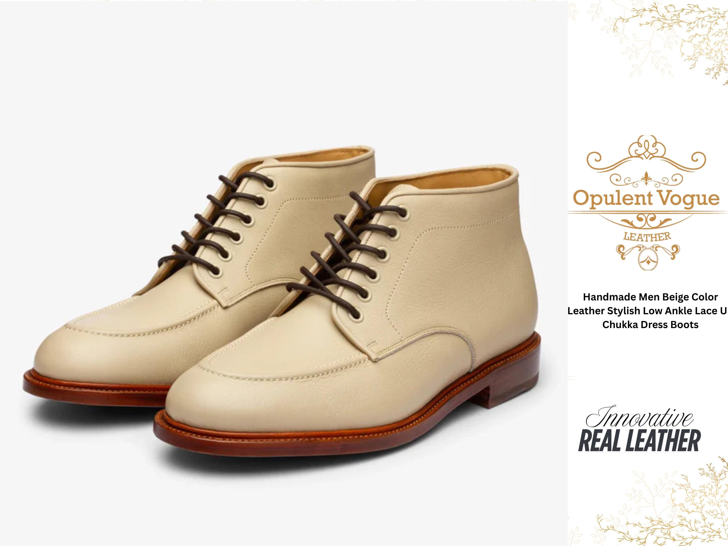 Handmade Beige Leather Chukka Boots: Men display picture 1