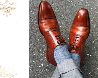 Sapatos Oxford de couro marrom feitos à mão, sapatos sociais masculinos, sapatos de couro marrom.