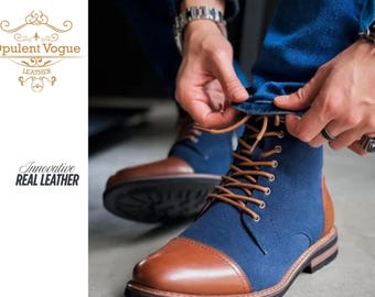 Handmade Blue Suede & Brown Leather Chukka Boots: Men's Two-Tone Ankle Boots