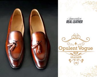 Handmade Brown Leather Tassel Loafers – Men's Slip-On Moccasins