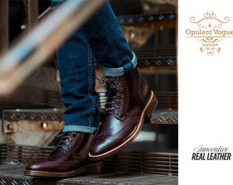 Botines de cuero para hombre, estilo brogue con puntera de ala, hechos a mano / Botas de vestir de lujo con cordones / Calzado clásico para negocios y ocasiones informales