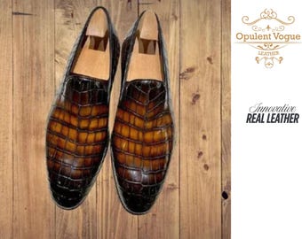 Handmade Cowhide Yellow Crocodile Texture Moccasins Men Leather Slip On Shoes Genuine Leather Business Shoes Wedding Party Dress Shoes