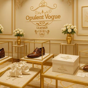 Puede incluir: Exhibici&oacute;n de zapatos de lujo con zapatos de cuero marr&oacute;n en vitrinas. El logotipo de la tienda, "Opulent Vogue Leather", se muestra arriba. Rosas blancas en jarrones dorados y un calzador completan la presentaci&oacute;n.
