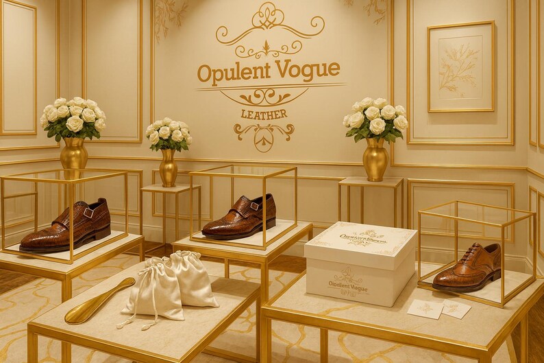 Puede incluir: Exhibici&oacute;n de zapatos de lujo con zapatos de cuero marr&oacute;n en vitrinas. El logotipo de la tienda, "Opulent Vogue Leather", se muestra arriba. Rosas blancas en jarrones dorados y un calzador completan la presentaci&oacute;n.