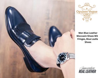 Handmade Blue Leather Moccasin Loafers: Fringed Men's Dress Shoes