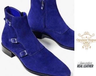 Blue Suede Leather Shoes Triple Monk Strap Luxury Ankle Dress Boots Custom shoes for men
