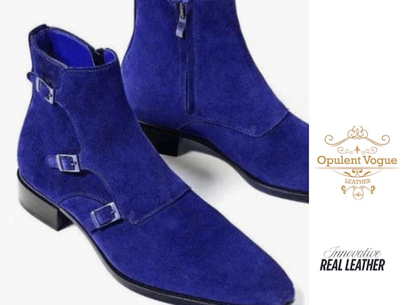 Blue Suede Leather Shoes Triple Monk Strap Luxury Ankle Dress Boots Custom shoes for men