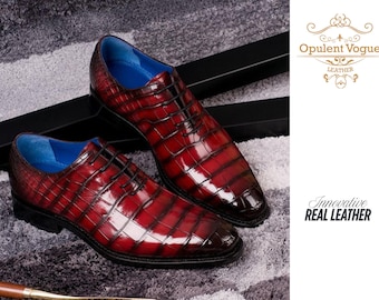 Handmade Shaded Red Crocodile Leather Dress Shoes: Luxury Office & Party Wear