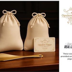 May include: Two beige drawstring bags and a gold-colored shoe horn rest on a dark wooden surface. A card with the text "Opulent Vogue Leather" is also present. The image also includes the text "Innovative Real Leather."