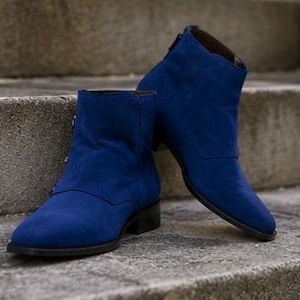 Blue Suede Leather Shoes Triple Monk Strap Luxury Ankle Dress Boots Custom shoes for men image 13