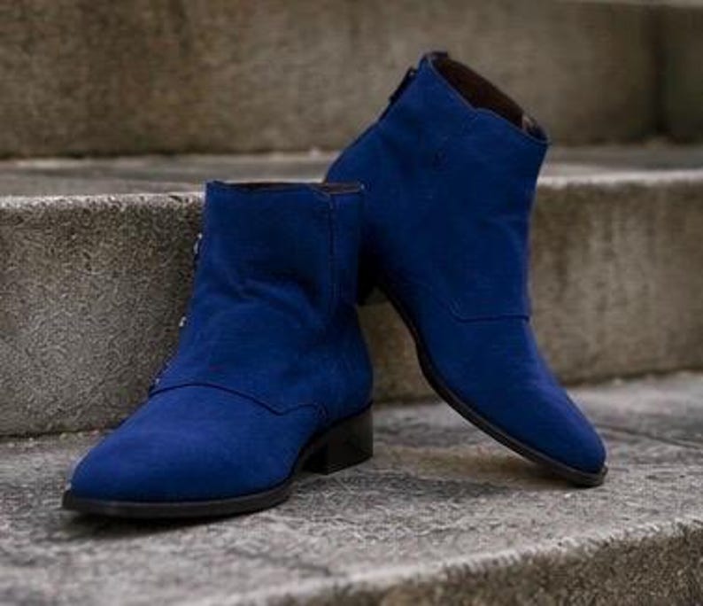 Blue Suede Leather Shoes Triple Monk Strap Luxury Ankle Dress Boots Custom shoes for men image 13