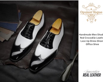 Handmade Black & White Leather Wingtip Oxford Dress Shoes