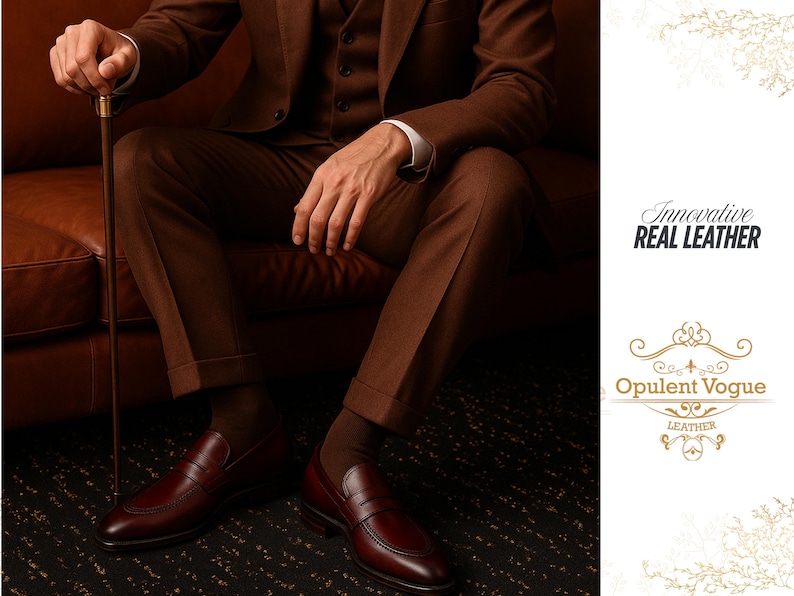May include: A person in a brown suit and matching shoes sits on a brown leather couch, holding a cane. The shoes are a deep burgundy color. The image includes the text "Innovative REAL LEATHER" and "Opulent Vogue LEATHER."