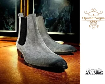 Bottines chelsea en daim grises faites main : Bottines en cuir pour hommes