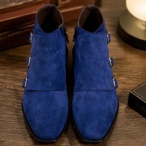 Blue Suede Leather Shoes Triple Monk Strap Luxury Ankle Dress Boots Custom shoes for men image 10