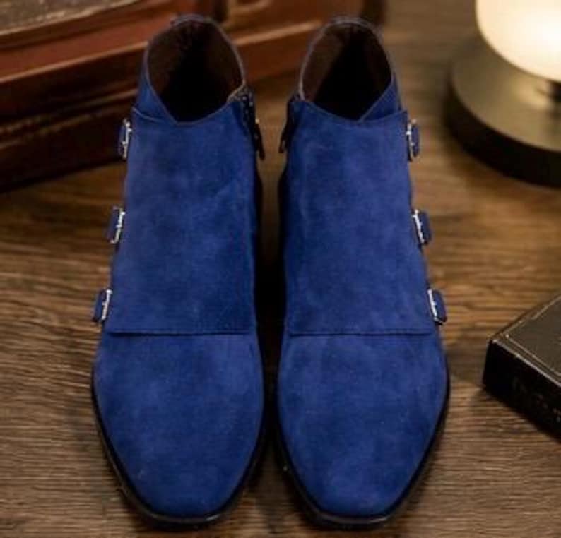 Blue Suede Leather Shoes Triple Monk Strap Luxury Ankle Dress Boots Custom shoes for men image 10