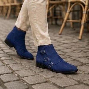 Blue Suede Leather Shoes Triple Monk Strap Luxury Ankle Dress Boots Custom shoes for men image 12