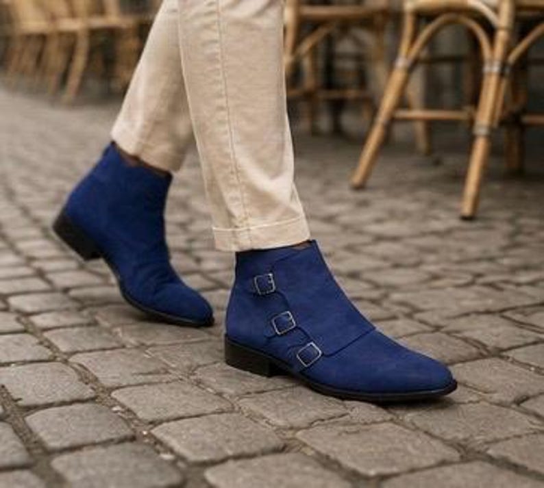 Blue Suede Leather Shoes Triple Monk Strap Luxury Ankle Dress Boots Custom shoes for men image 12