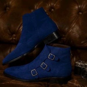 Blue Suede Leather Shoes Triple Monk Strap Luxury Ankle Dress Boots Custom shoes for men image 11