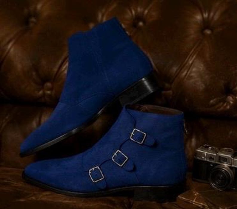 Blue Suede Leather Shoes Triple Monk Strap Luxury Ankle Dress Boots Custom shoes for men image 11