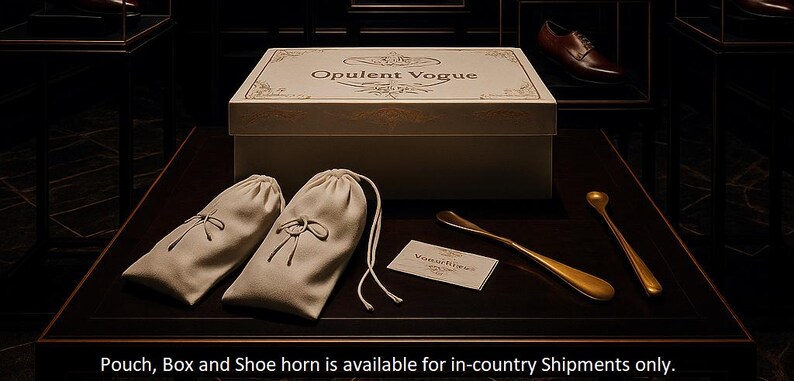 May include: A beige box with the text "Opulent Vogue" sits on a dark surface, accompanied by two beige pouches, a business card, and two gold-colored shoe horns. A pair of brown shoes is visible in the background.