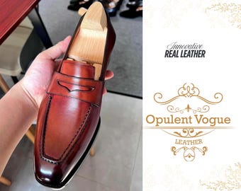 Handmade Brown Leather Loafers: Slip On Moccasins, Office Dress Shoes