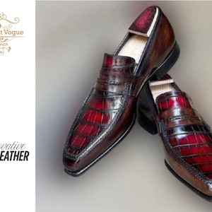 Handmade men’s burgundy moccasin shoes with shaded alligator-textured leather finish. Featuring a polished slip-on design, cushioned insole, smooth lining, and durable outsole. Luxury handmade leather business shoes perfect for weddings, office wear, parties, and formal occasions. handmade moccasins, burgundy alligator shoes, mens slip on dress shoes, embossed leather moccasins, genuine leather shoes, office wear shoes, wedding
