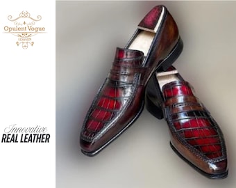 Handmade Burgundy Crocodile Texture Leather Moccasins, Men's Dress Shoes