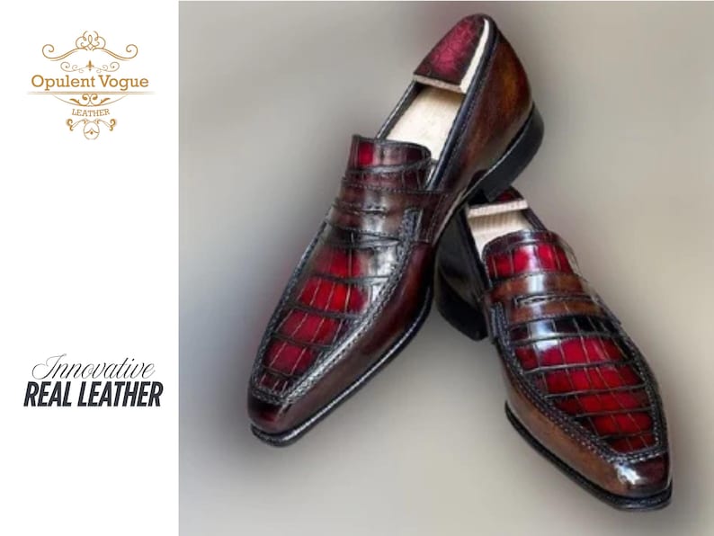 Handmade men’s burgundy moccasin shoes with shaded alligator-textured leather finish. Featuring a polished slip-on design, cushioned insole, smooth lining, and durable outsole. Luxury handmade leather business shoes perfect for weddings, office wear, parties, and formal occasions. handmade moccasins, burgundy alligator shoes, mens slip on dress shoes, embossed leather moccasins, genuine leather shoes, office wear shoes, wedding