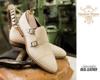 White Leather Double Monk Strap Oxford Shoes Genuine Leather vintage shoes