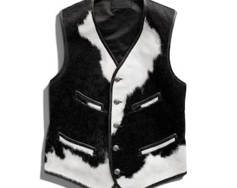 Handmade Hair-On Cowhide Leather Vest | Western Ranch Waistcoat Unisex