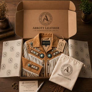 May include: A tan suede jacket with long fringe, turquoise stone accents, and silver beadwork, packaged in a branded cardboard box with tissue paper, a drawstring pouch, and a note featuring the Abbott Leather logo and text.