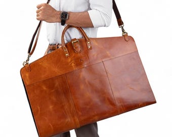 Full Grain Leather Garment Bag | Personalized Suit Travel Bag, Custom Engraved Groomsmen Gift