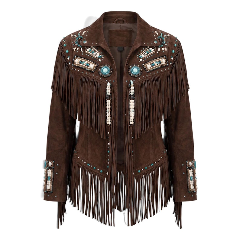 May include: A dark brown suede jacket featuring long fringe detailing across the chest and hem. The garment is embellished with turquoise beads, white stones, and metallic studs arranged in geometric patterns on the shoulders and cuffs.