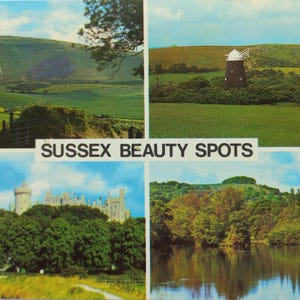 Vintage Sussex-briefkaart 1973 | Long Man, windmolens, Arundel Castle | Eastbourne verzonden kaart | Britse reissouvenir