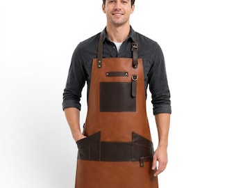Full Grain Leather Apron | Multi-Pocket Workshop, BBQ, Chef | Custom Engraved Gift