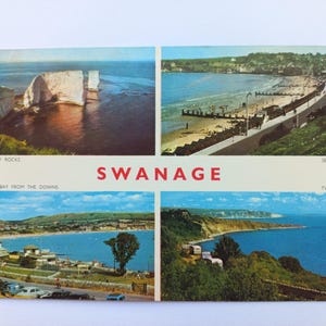 Vintage 1972 Swanage ansichtkaart Old Harry Rocks Sea Front Two Bays – Cotman-Color Series UK Travel Ephemera Retro Collectible