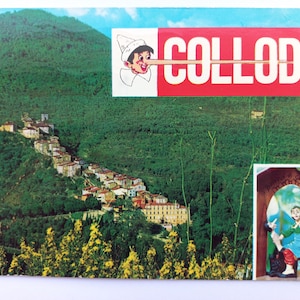 Vintage 1973 Collodi Italien Postkarte - Pinocchio-Thema, La Bottega di Geppetto, toskanisches Dorf, verschickt nach England, seltenes Ephemera