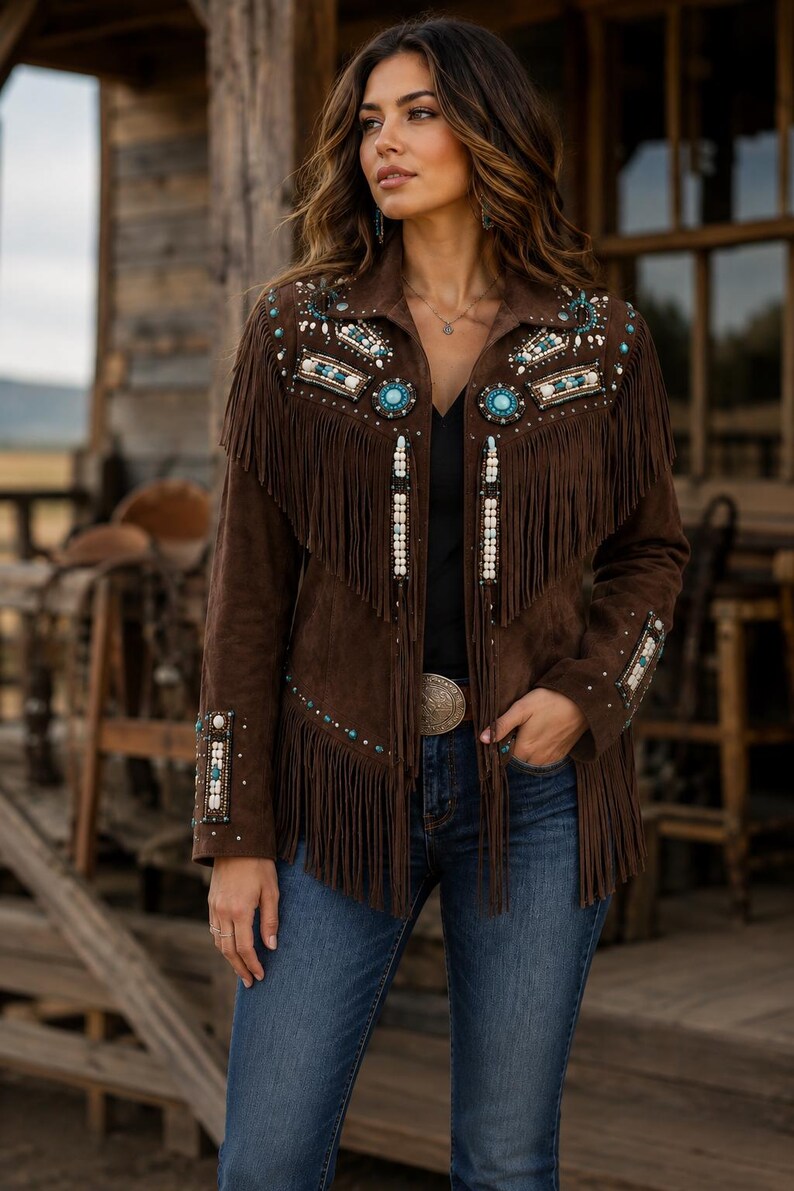 May include: A dark brown suede jacket featuring long fringe detailing across the chest and hem. The jacket is embellished with intricate beadwork and turquoise-colored stones on the shoulders and cuffs, paired with blue denim jeans and a black top.