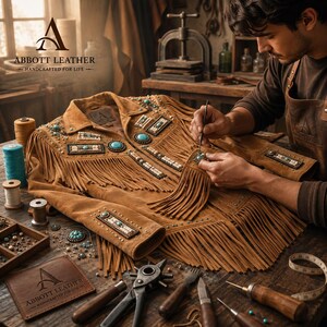 May include: A tan suede jacket featuring long fringe detailing, embellished with turquoise stones and white beads in rectangular patterns. The jacket includes a collar, long sleeves, and metal studs, displayed on a wooden workbench with leather tools.