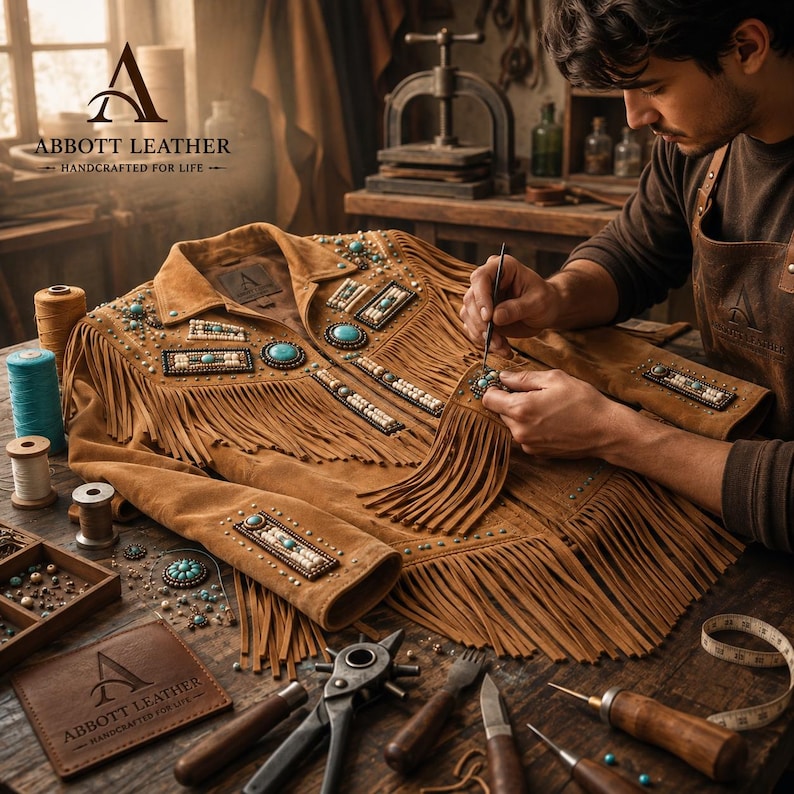 May include: A tan suede jacket featuring long fringe detailing, embellished with turquoise stones and white beads in rectangular patterns. The jacket includes a collar, long sleeves, and metal studs, displayed on a wooden workbench with leather tools.