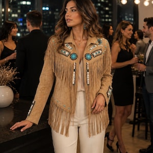 May include: A tan suede jacket featuring long fringe detailing across the chest and hem. The jacket is embellished with intricate beadwork and turquoise-colored stones arranged in geometric patterns on the shoulders, chest, and sleeves.