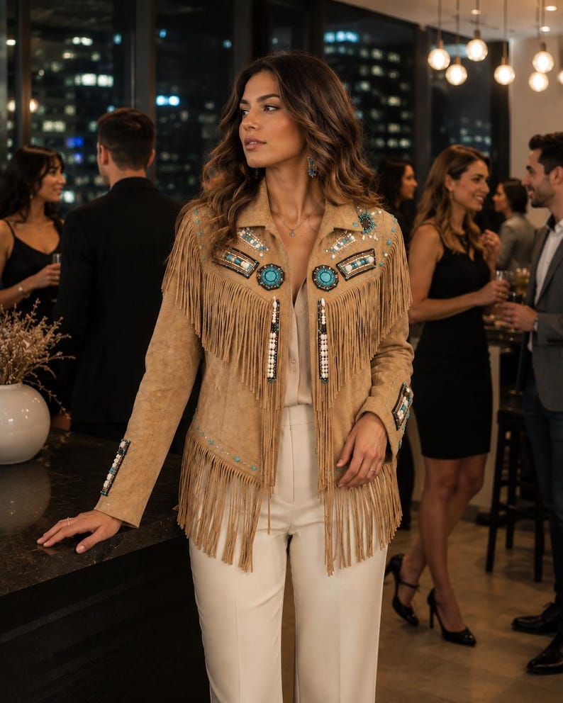 May include: A tan suede jacket featuring long fringe detailing across the chest and hem. The jacket is embellished with intricate beadwork and turquoise-colored stones arranged in geometric patterns on the shoulders, chest, and sleeves.
