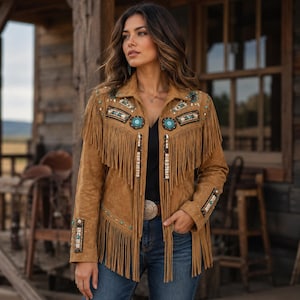 May include: A tan suede jacket featuring long fringe detailing on the chest and sleeves, adorned with intricate beadwork and turquoise-colored accents. The jacket includes a collar, long sleeves, and a button-down front, worn over a black top.